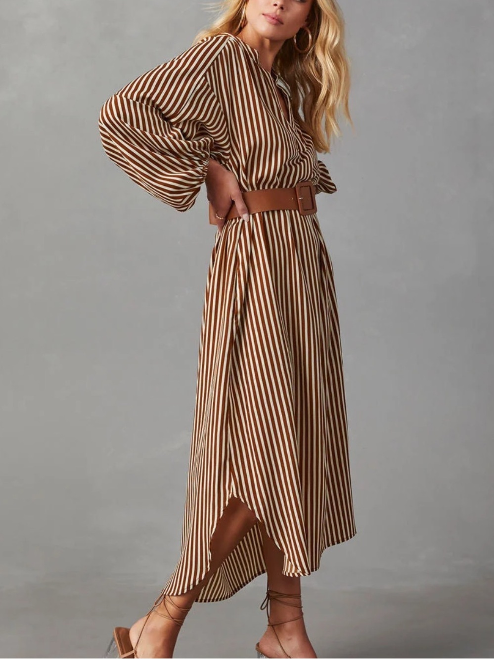 Dimarco Striped Pocketed Belted Midi Dress